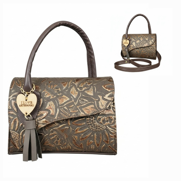 Dark Brown Gold Sunflower Embossed Tooled Artisan LEATHER Crossbody bag - Picture 2 of 15